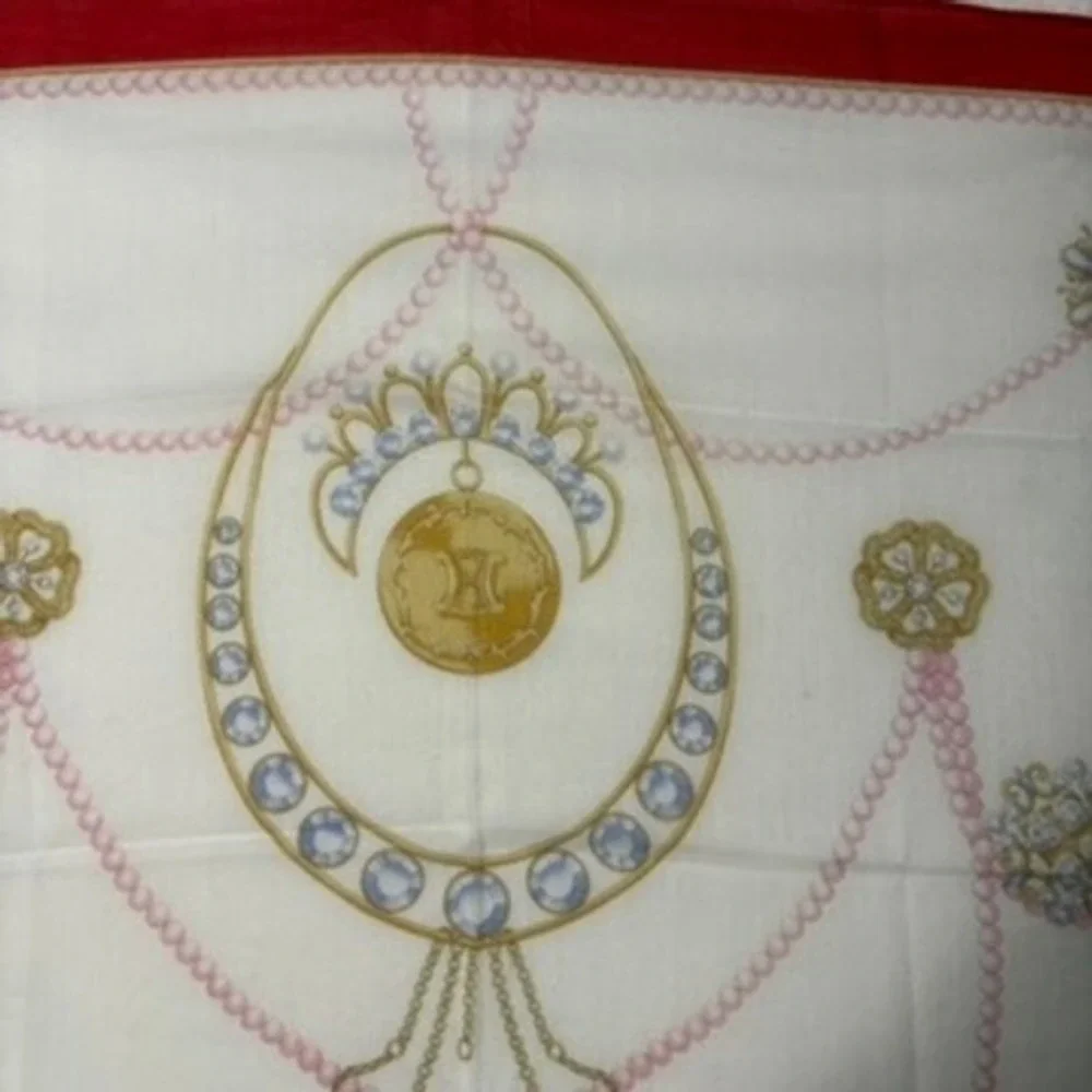 Vtg CELINE Scarf Handkerchief Jewelry Pearl Motif Red White 18